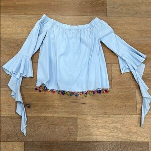 Light Blue Off-Shoulder Top with Colorful Trim